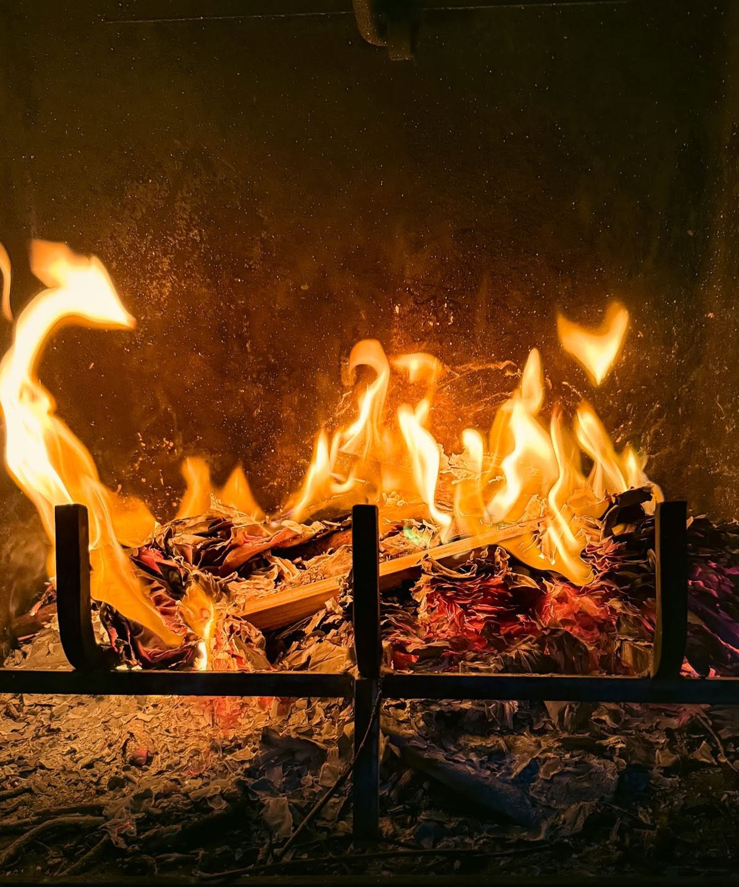 A gas fire burning behind glass, showing the flame pattern and glow of a properly adjusted burner
