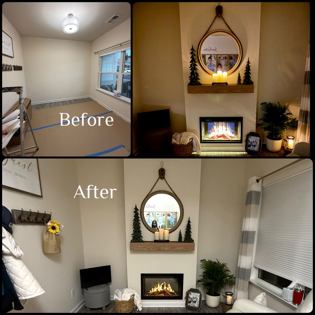 A three panel before and after: an empty taped-off corner, then the same corner finished with a linear gas fireplace, a wood mantel shelf and a round mirror